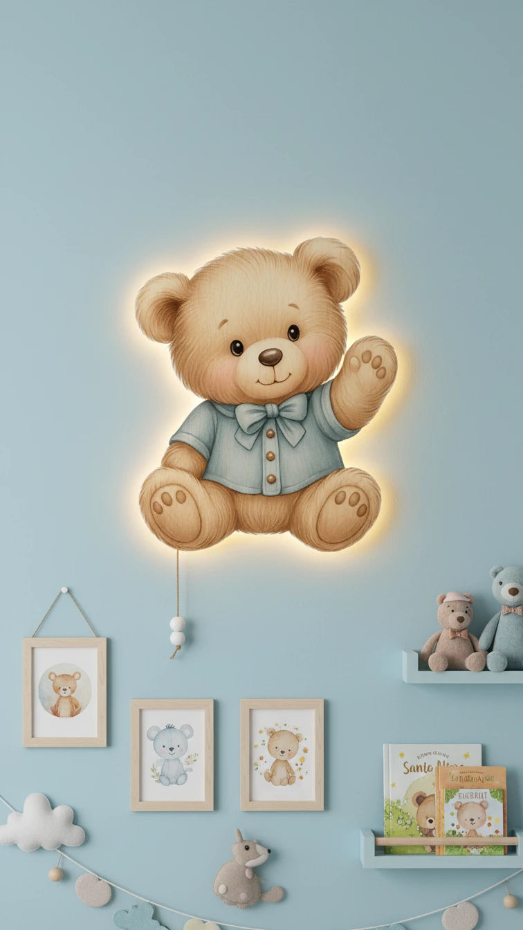 Ayıcık Tedy Bear Pilli Led Işıklı Bebek Odası Ahşap Duvar Dekoru - Gece Lambası