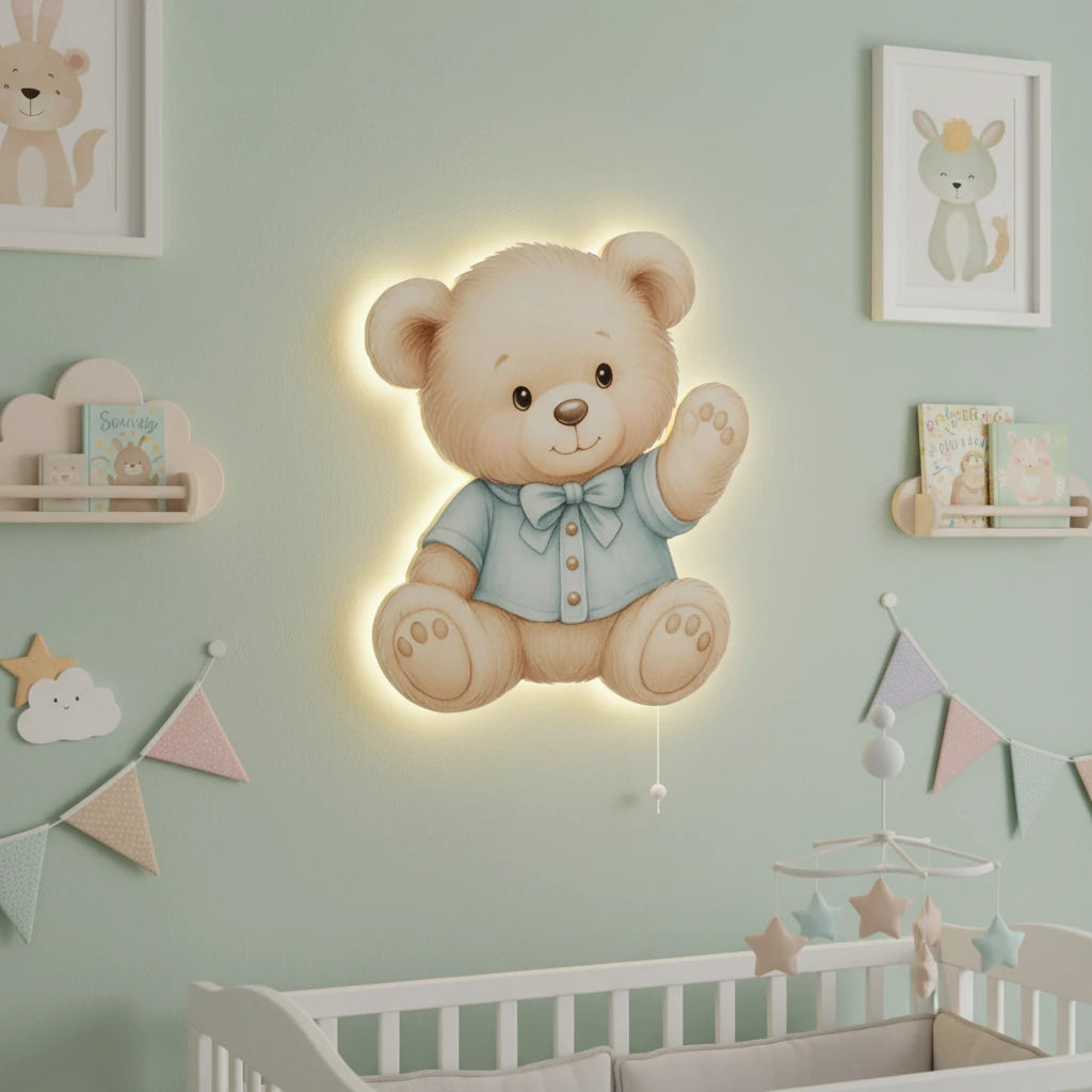Ayıcık Tedy Bear Pilli Led Işıklı Bebek Odası Ahşap Duvar Dekoru - Gece Lambası