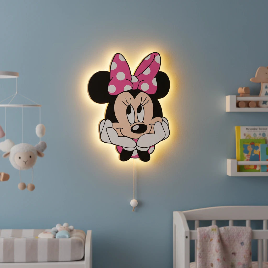 Minnie Mouse Pilli Led Işıklı Bebek Odası Ahşap Duvar Dekoru - Gece Lambası
