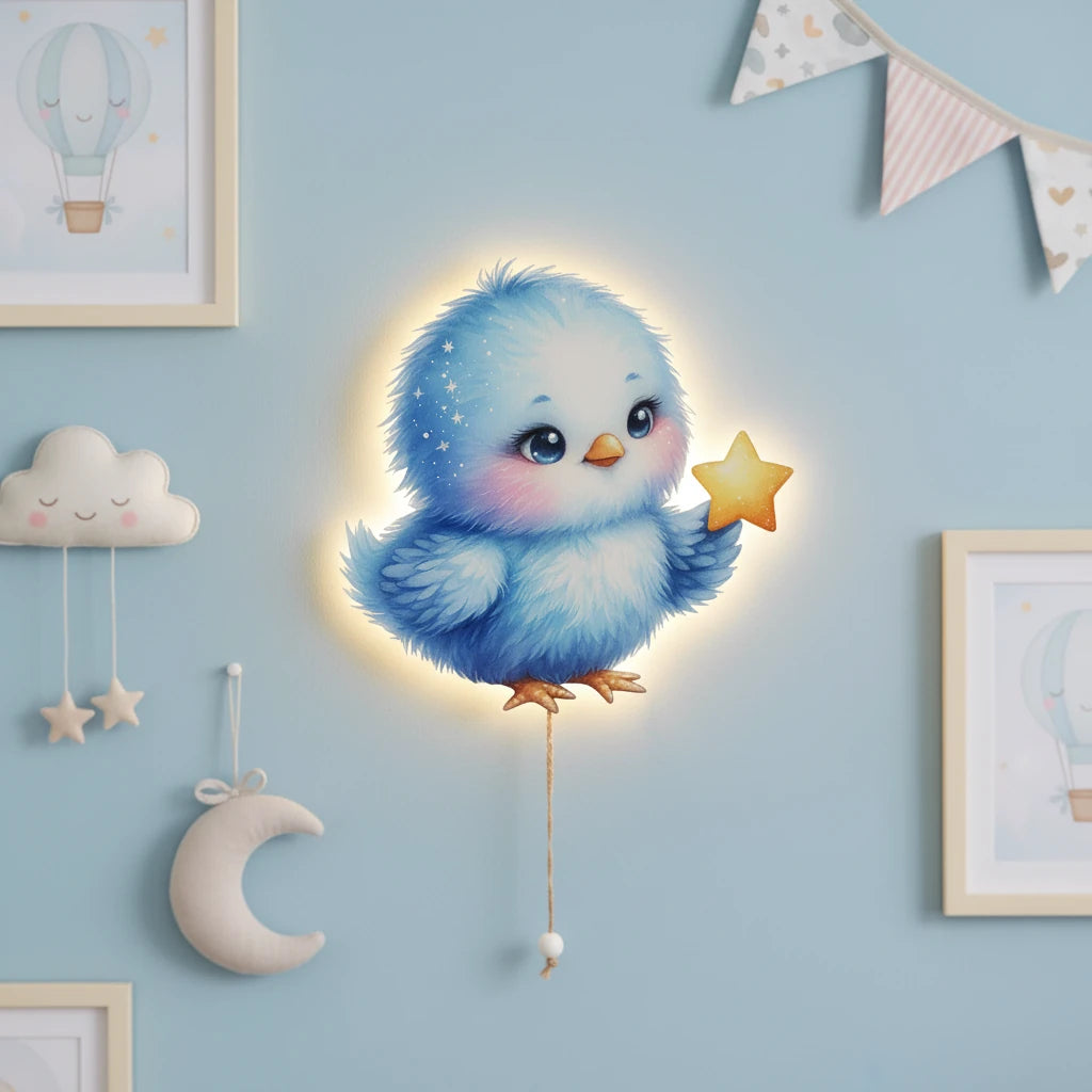Kuş Pilli Led Işıklı Bebek Odası Ahşap Duvar Dekoru - Gece Lambası
