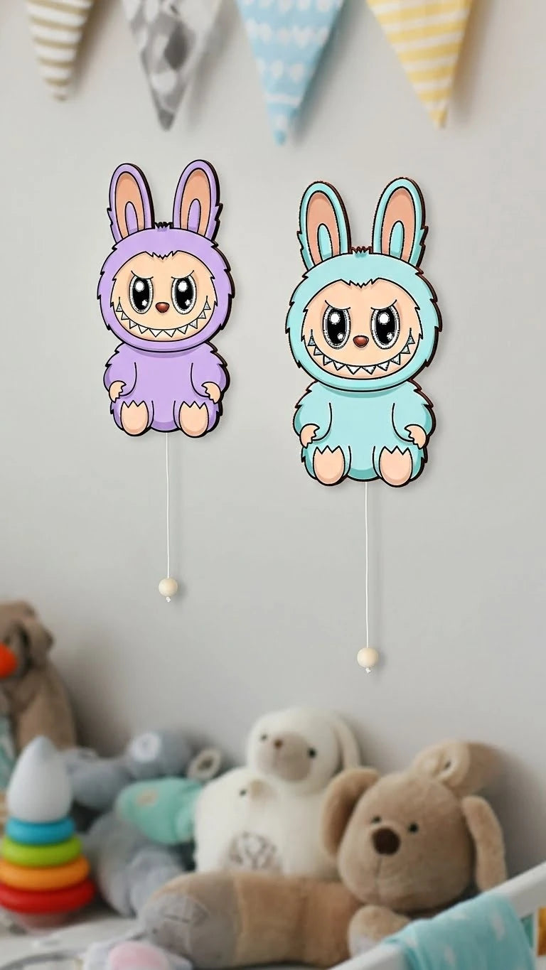 Labubu Pilli Led Işıklı 1 Adet Bebek Odası Ahşap Duvar Dekoru - Gece Lambası