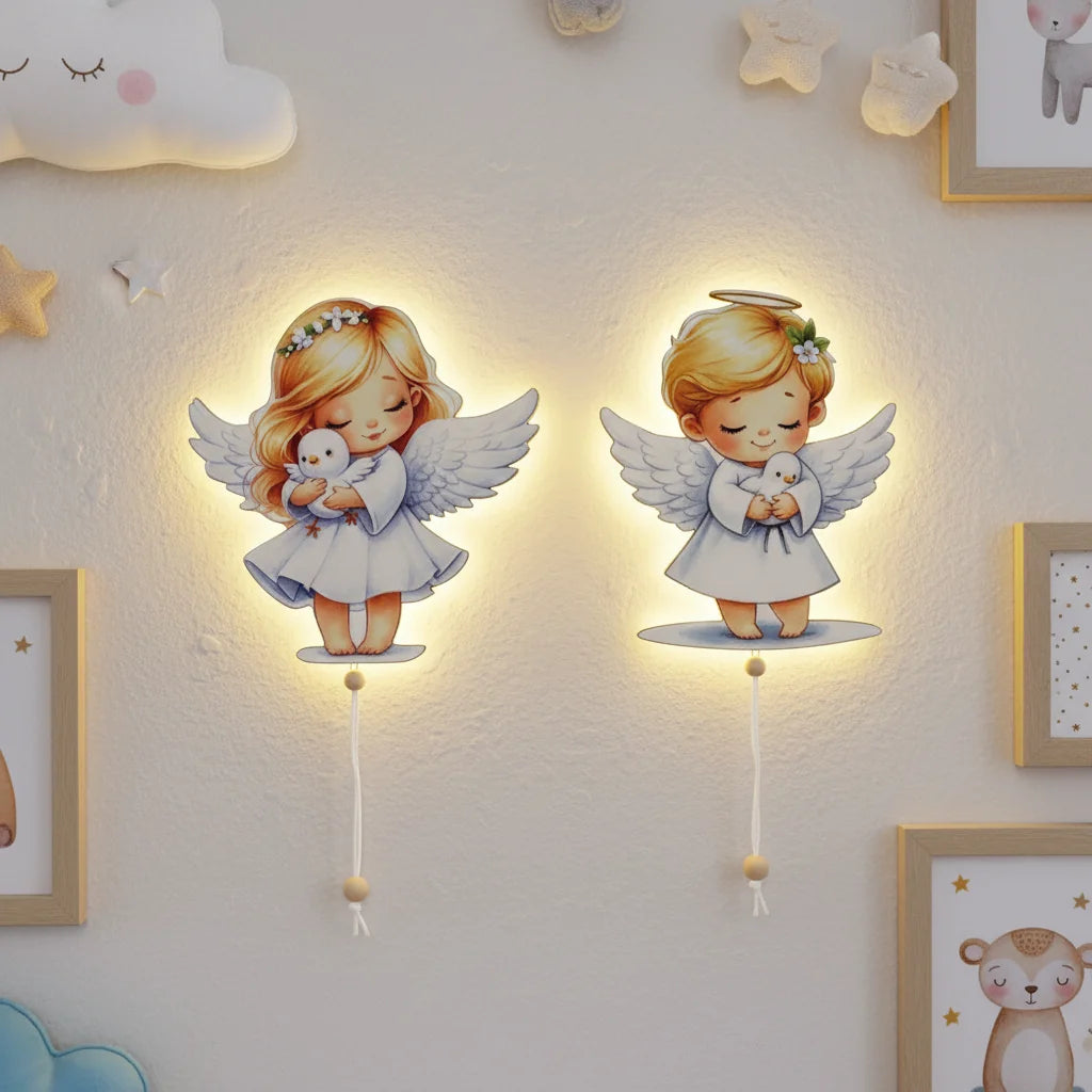 Melekler Pilli Led Işıklı Ahşap Duvar Dekoru