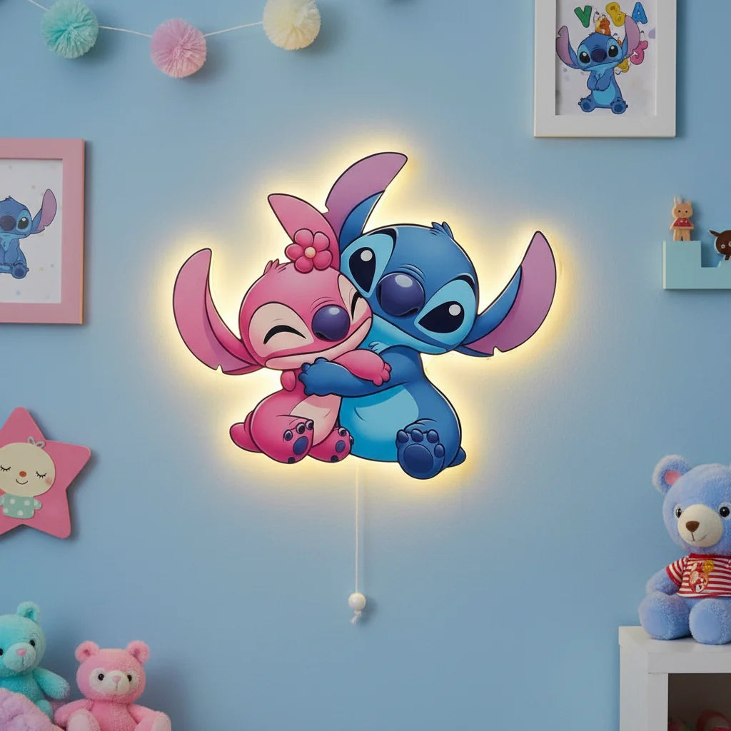 Lilo ve Stitch Pilli Led Işıklı Bebek Odası Ahşap Duvar Dekoru - Gece Lambası