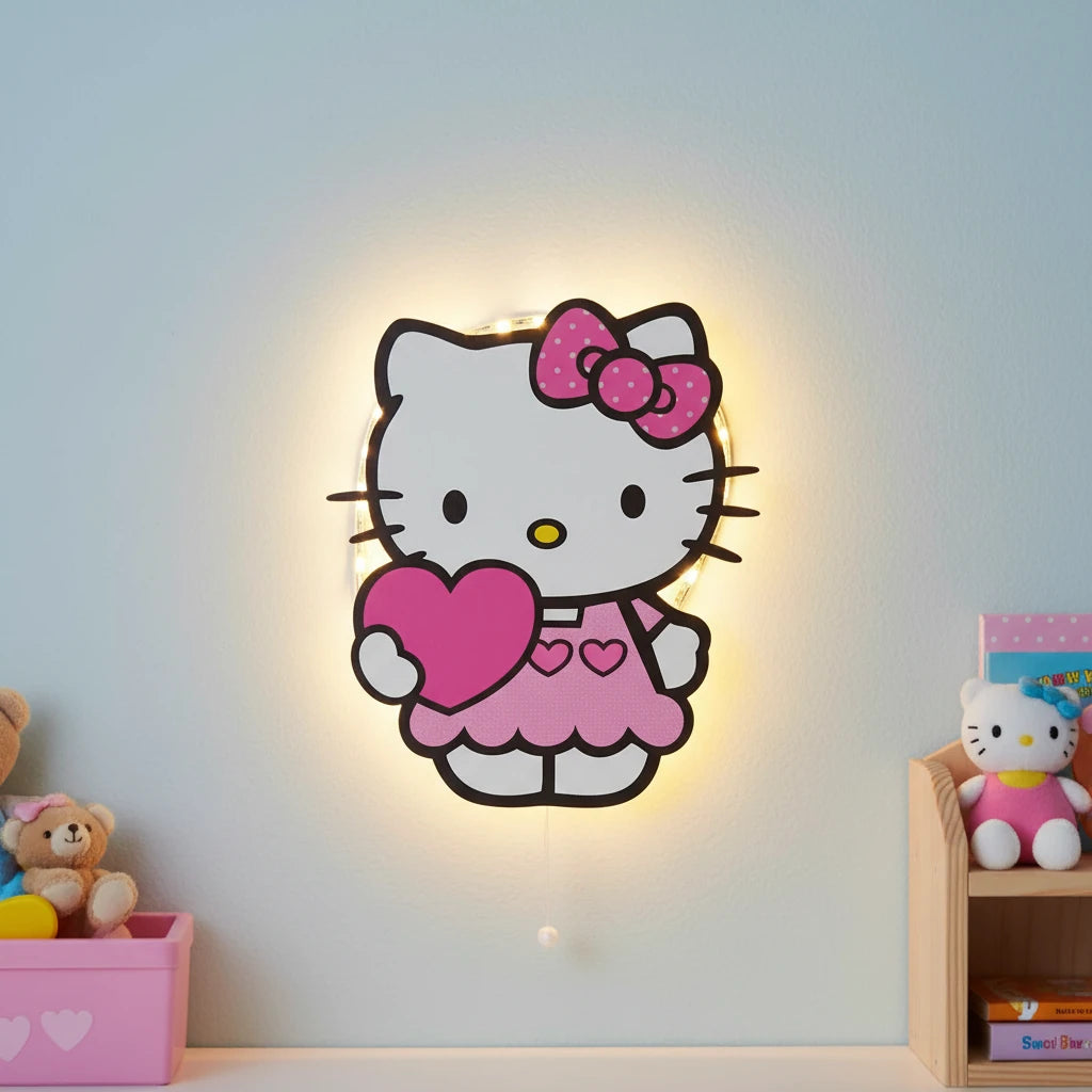 Hello Kitty Pilli Led Işıklı Bebek Odası Ahşap Duvar Dekoru - Gece Lambası