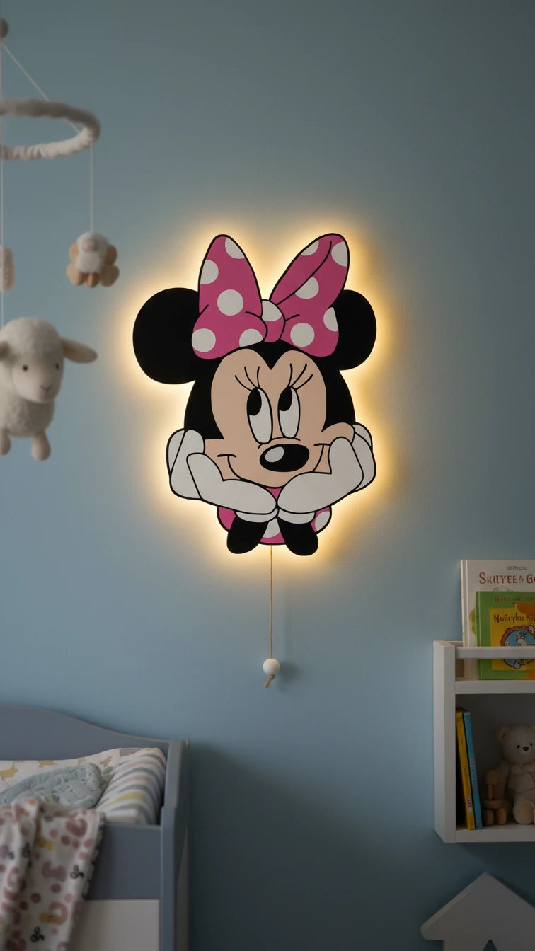 Minnie Mouse Pilli Led Işıklı Bebek Odası Ahşap Duvar Dekoru - Gece Lambası