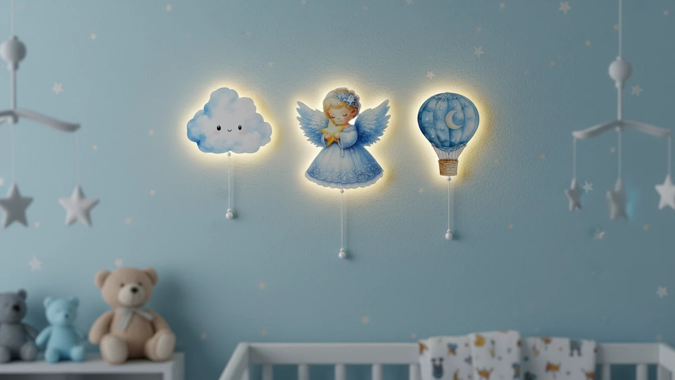 Melek Balon Bulut Seti Pilli Led Işıklı Bebek Odası Ahşap Duvar Dekoru - Gece Lambası