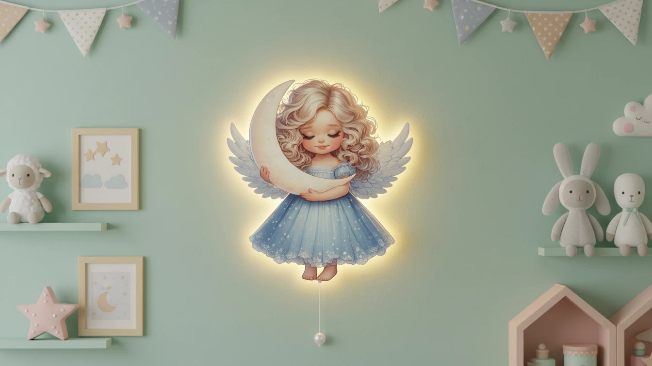 Melek Pilli Led Işıklı Ahşap Duvar Dekoru