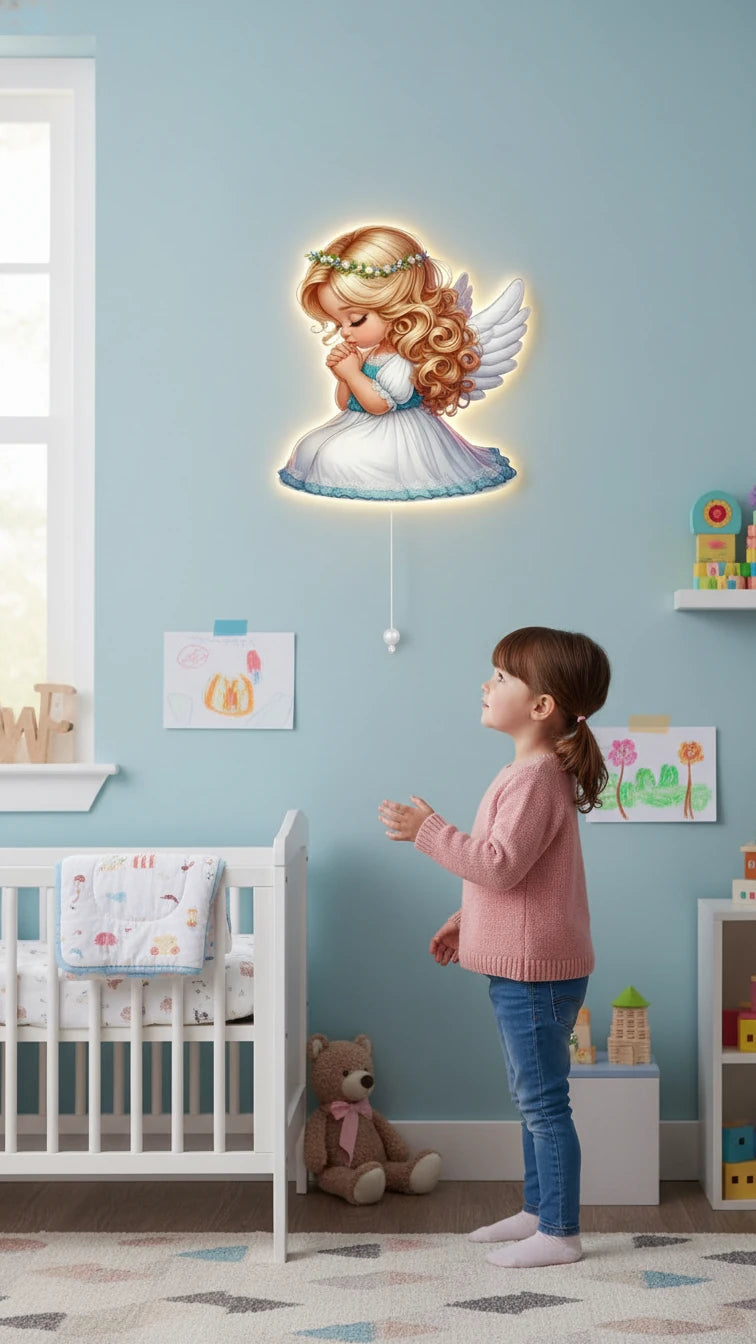 Melek Pilli Led Işıklı Ahşap Duvar Dekoru