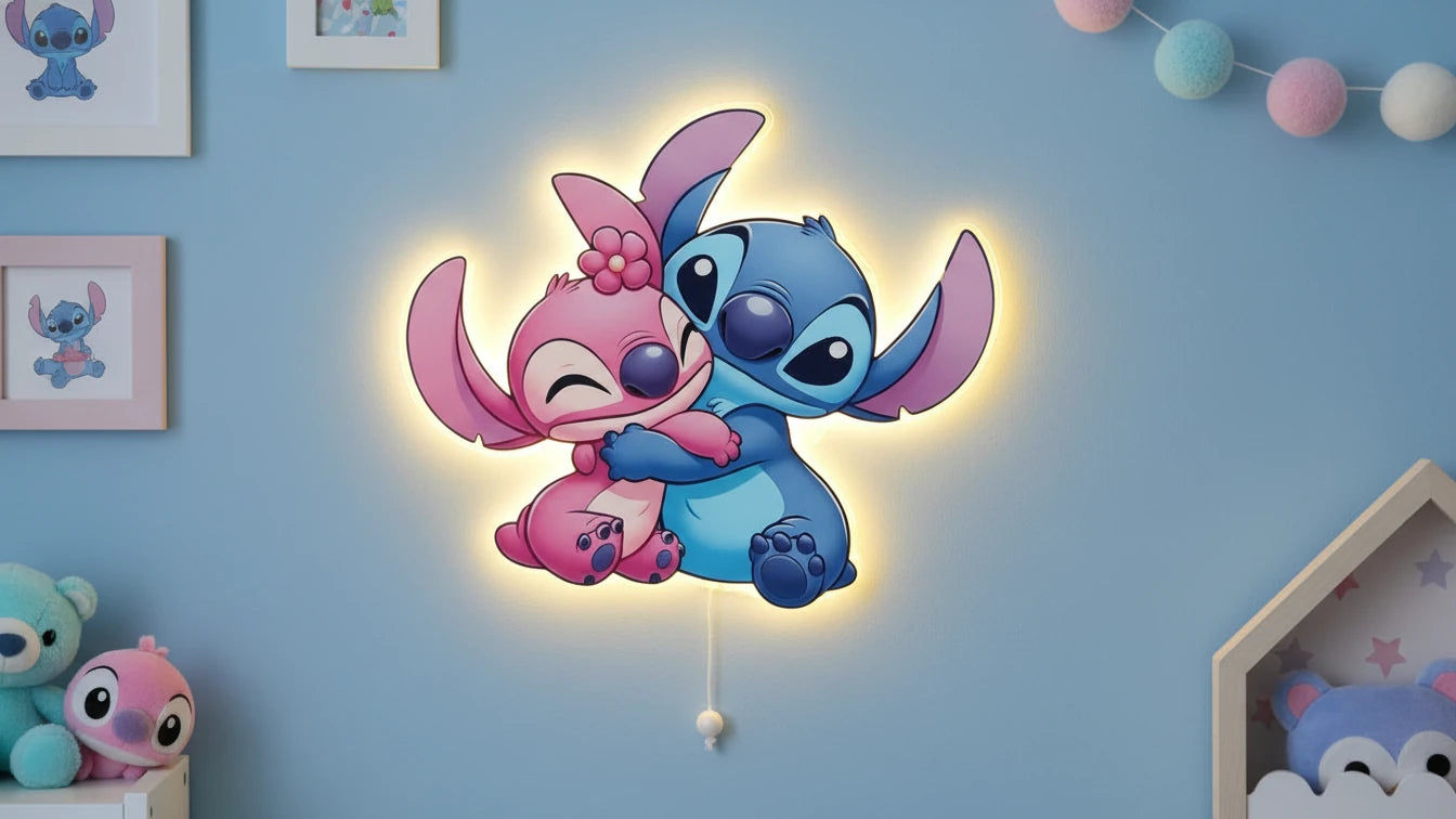 Lilo ve Stitch Pilli Led Işıklı Bebek Odası Ahşap Duvar Dekoru - Gece Lambası
