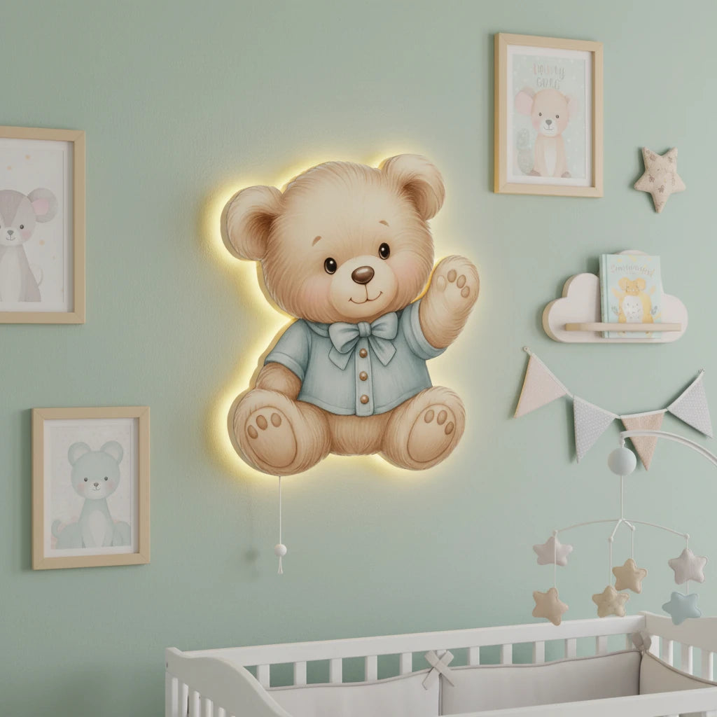 Ayıcık Tedy Bear Pilli Led Işıklı Bebek Odası Ahşap Duvar Dekoru - Gece Lambası