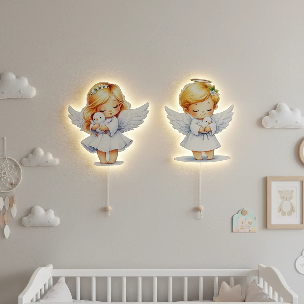 Melekler Pilli Led Işıklı Ahşap Duvar Dekoru