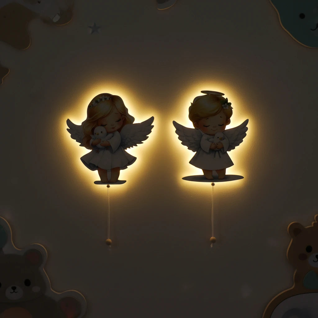 Melekler Pilli Led Işıklı Ahşap Duvar Dekoru