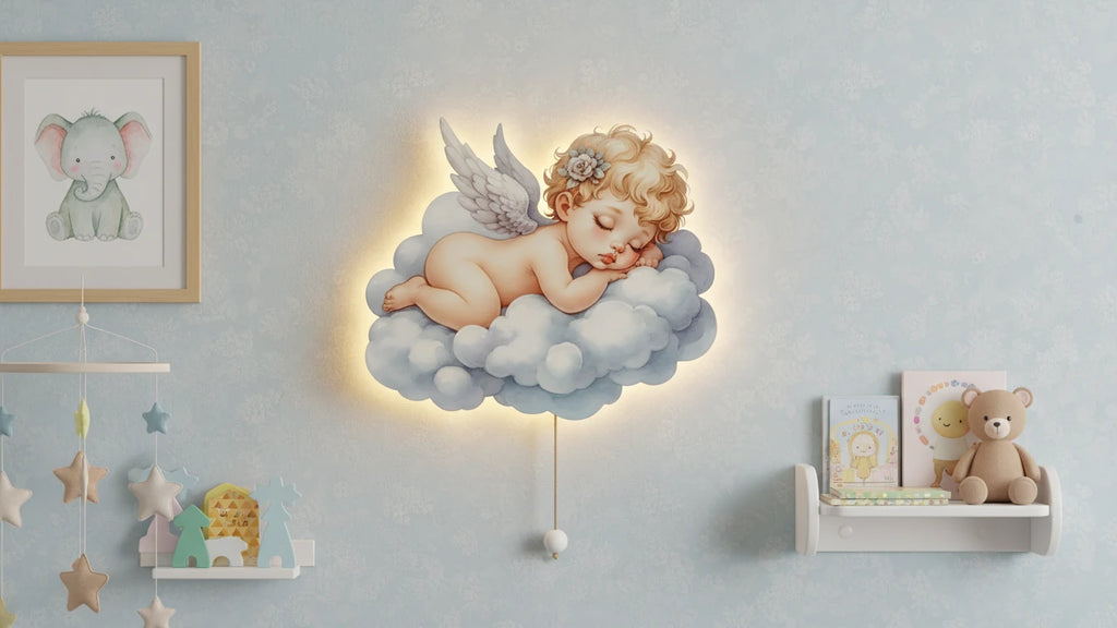 Bebek Melek Pilli Led Işıklı Ahşap Duvar Dekoru