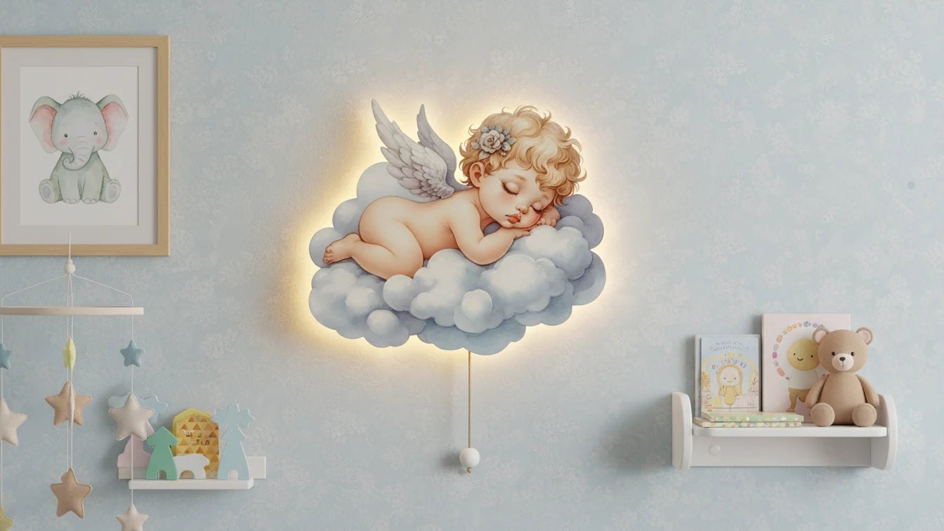 Bebek Melek Pilli Led Işıklı Ahşap Duvar Dekoru