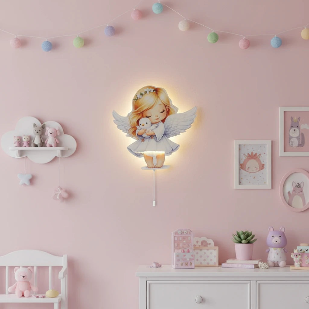 Melek Pilli Led Işıklı Ahşap Duvar Dekoru