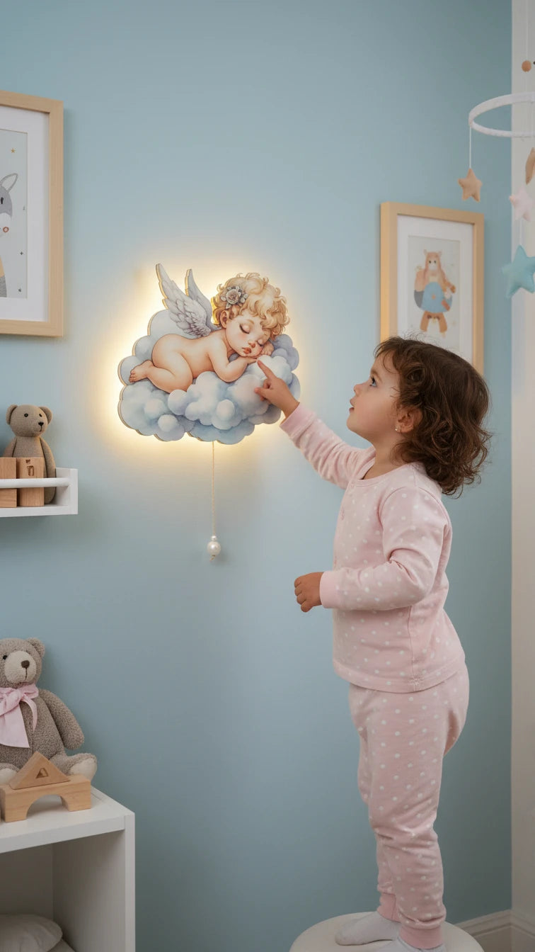 Bebek Melek Pilli Led Işıklı Ahşap Duvar Dekoru