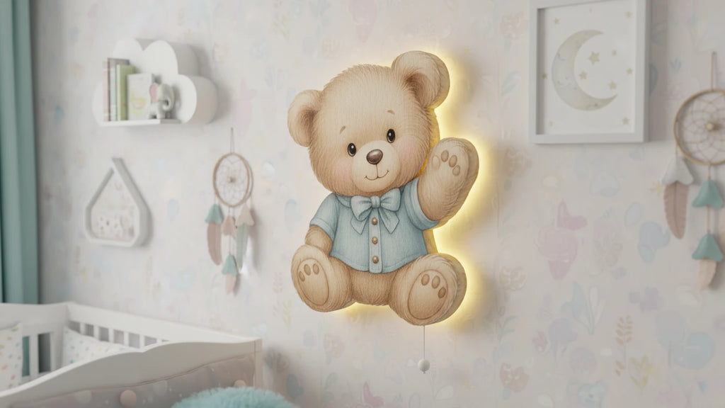 Ayıcık Tedy Bear Pilli Led Işıklı Bebek Odası Ahşap Duvar Dekoru - Gece Lambası