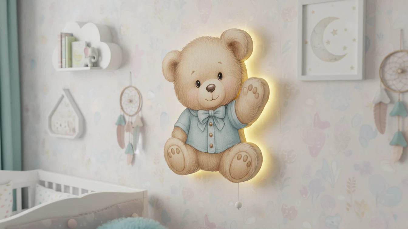 Ayıcık Tedy Bear Pilli Led Işıklı Bebek Odası Ahşap Duvar Dekoru - Gece Lambası