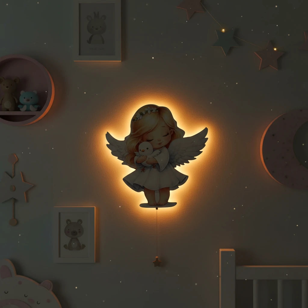 Melek Pilli Led Işıklı Ahşap Duvar Dekoru