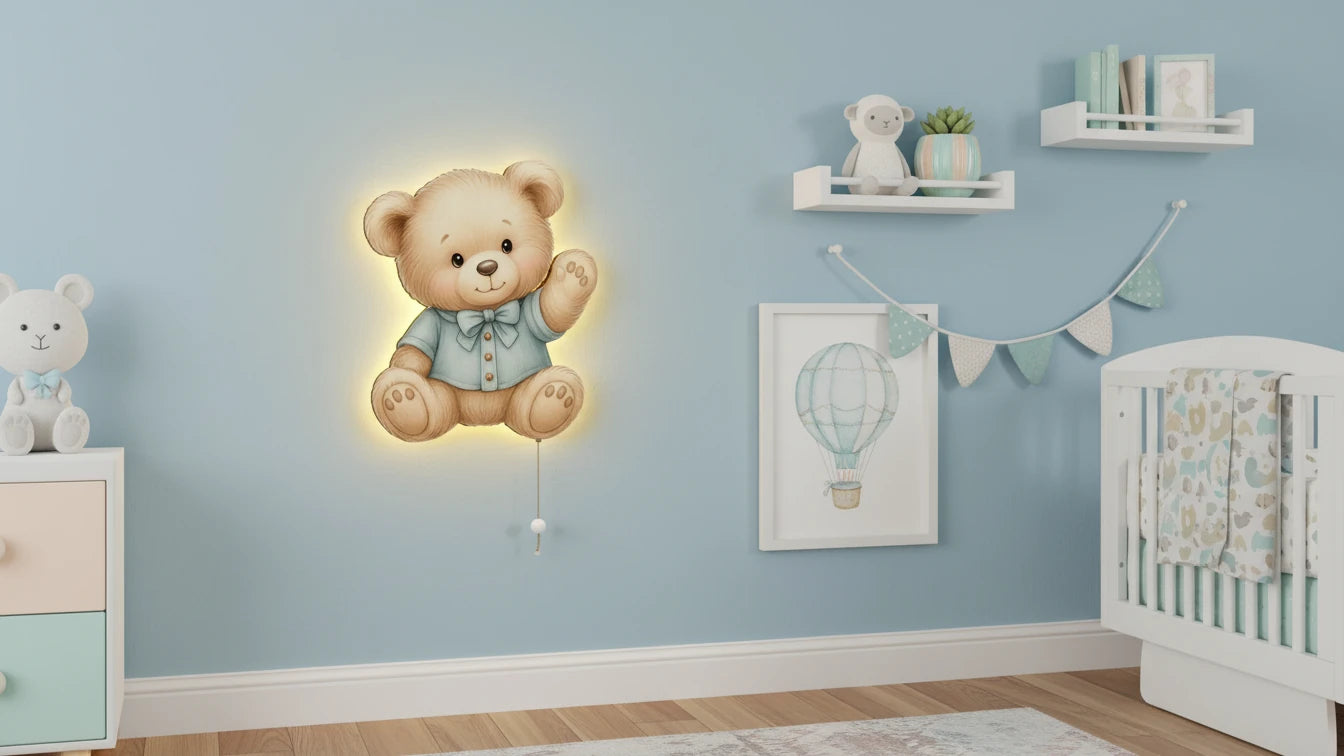 Ayıcık Tedy Bear Pilli Led Işıklı Bebek Odası Ahşap Duvar Dekoru - Gece Lambası