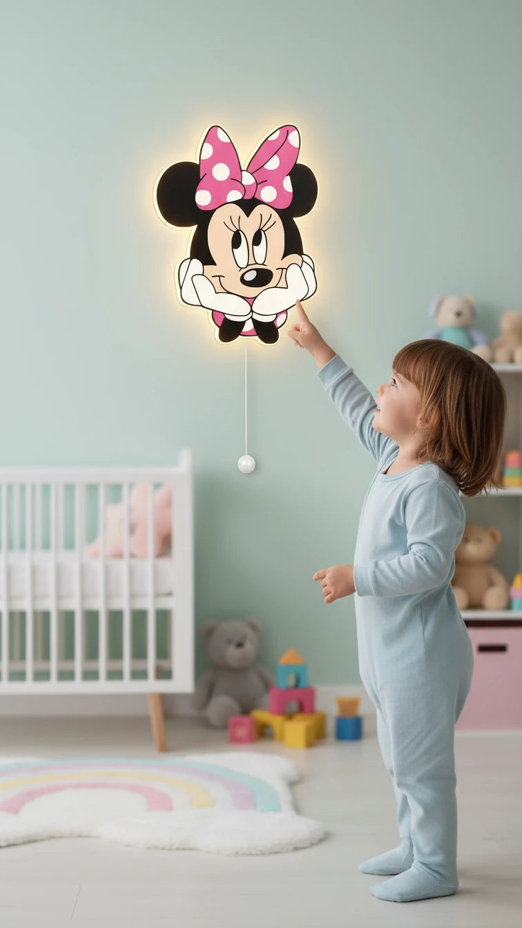 Minnie Mouse Pilli Led Işıklı Bebek Odası Ahşap Duvar Dekoru - Gece Lambası