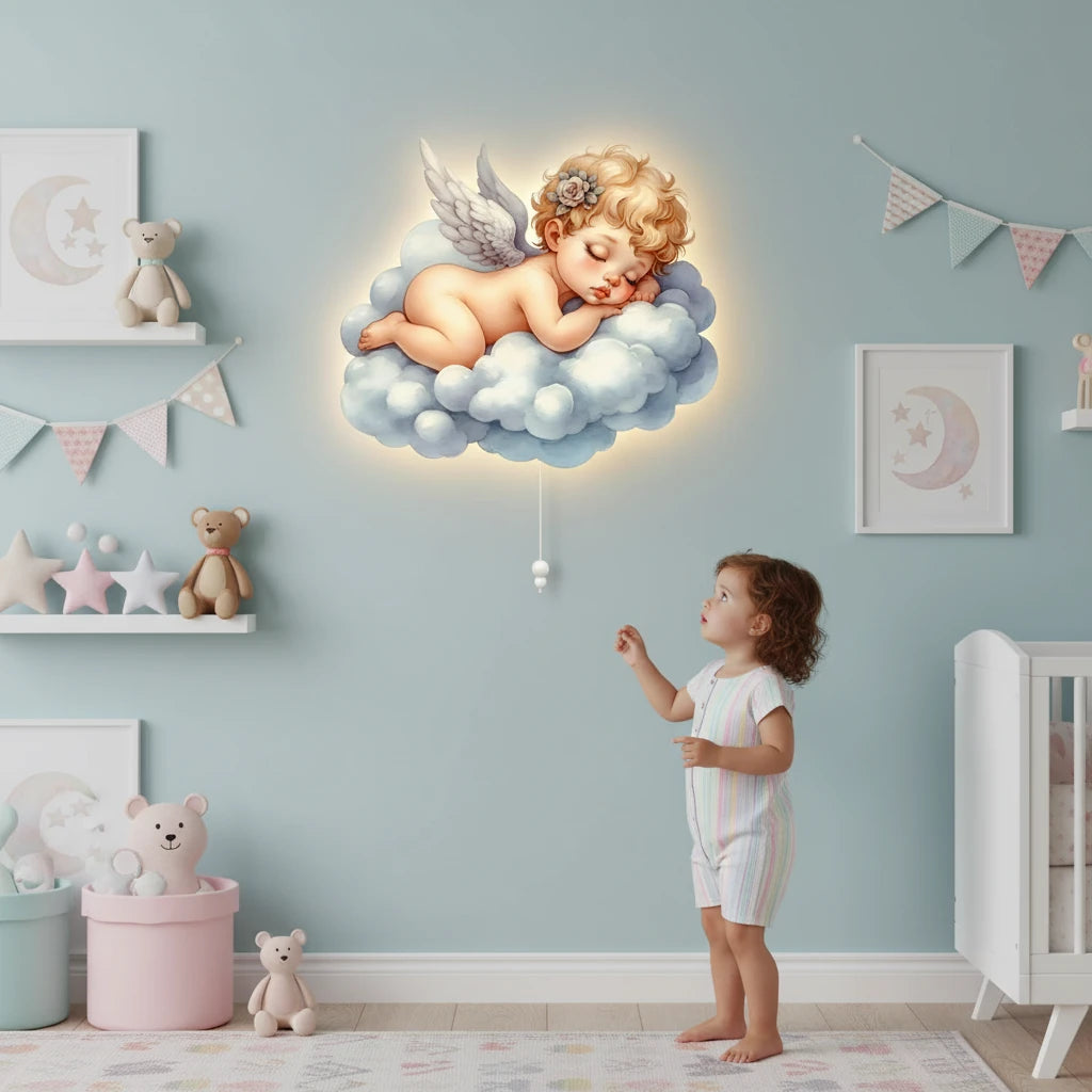 Bebek Melek Pilli Led Işıklı Ahşap Duvar Dekoru