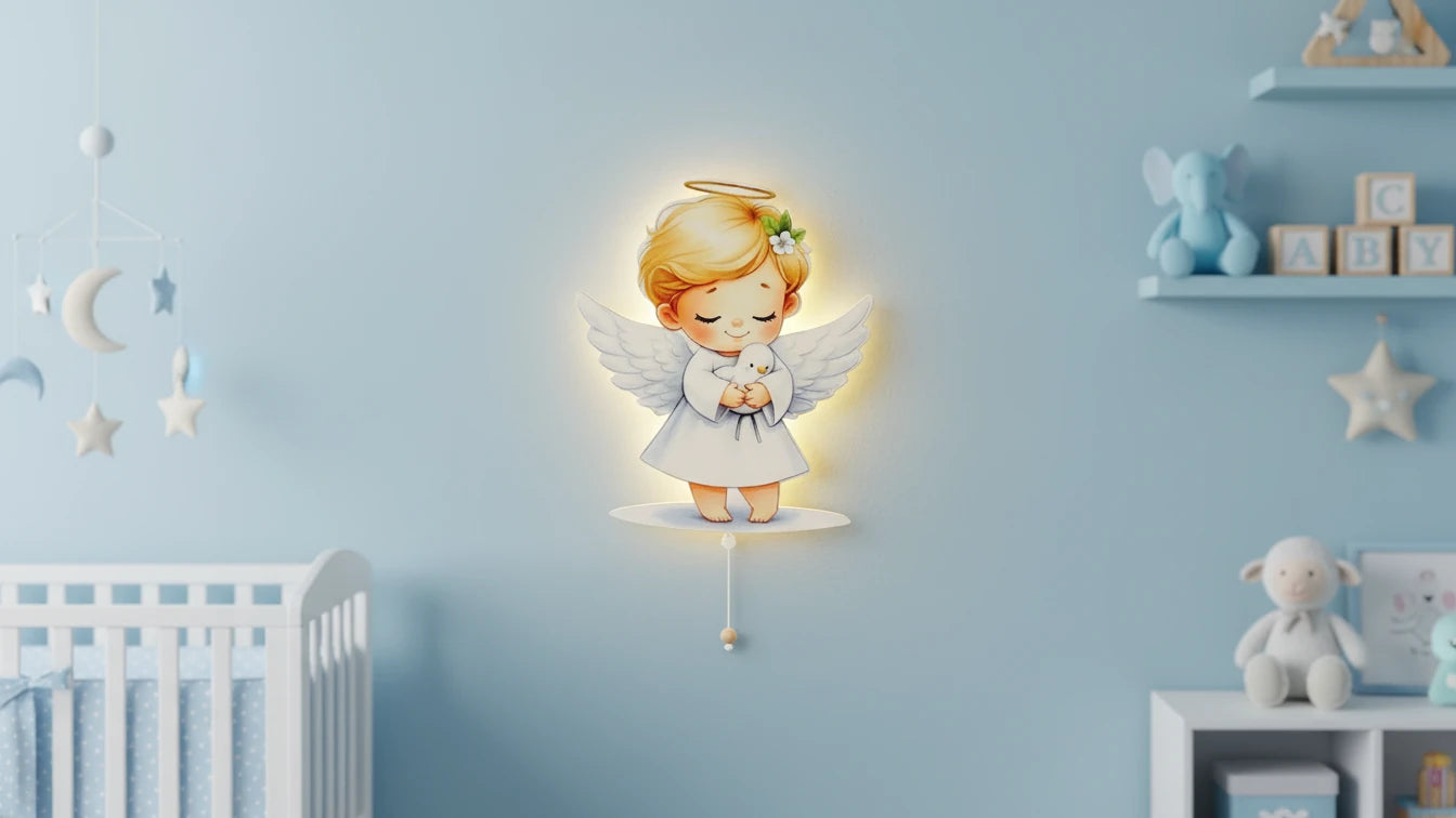 Erkek Melek Pilli Led Işıklı Ahşap Duvar Dekoru