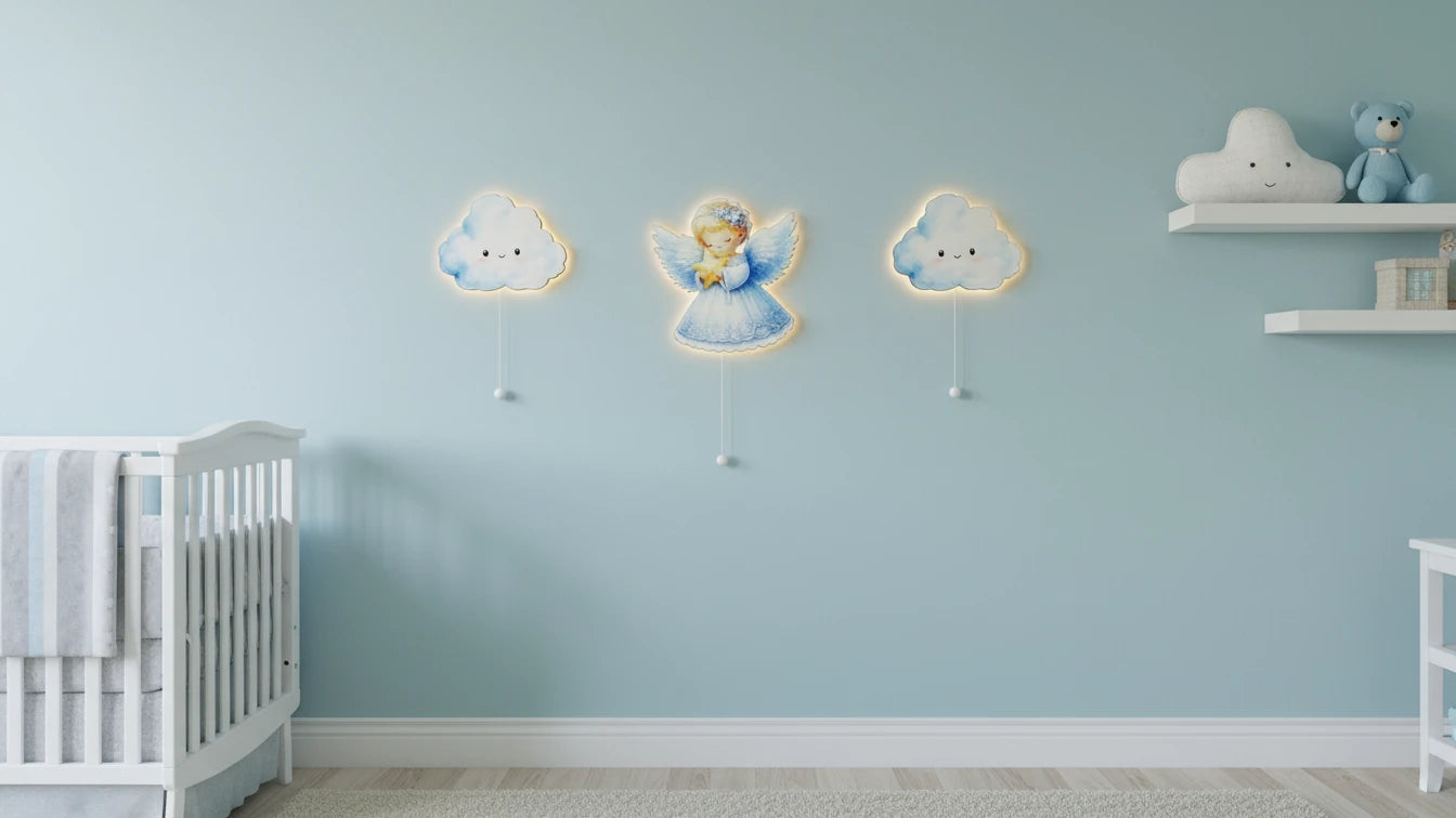 Melek Balon Bulut Seti Pilli Led Işıklı Bebek Odası Ahşap Duvar Dekoru - Gece Lambası
