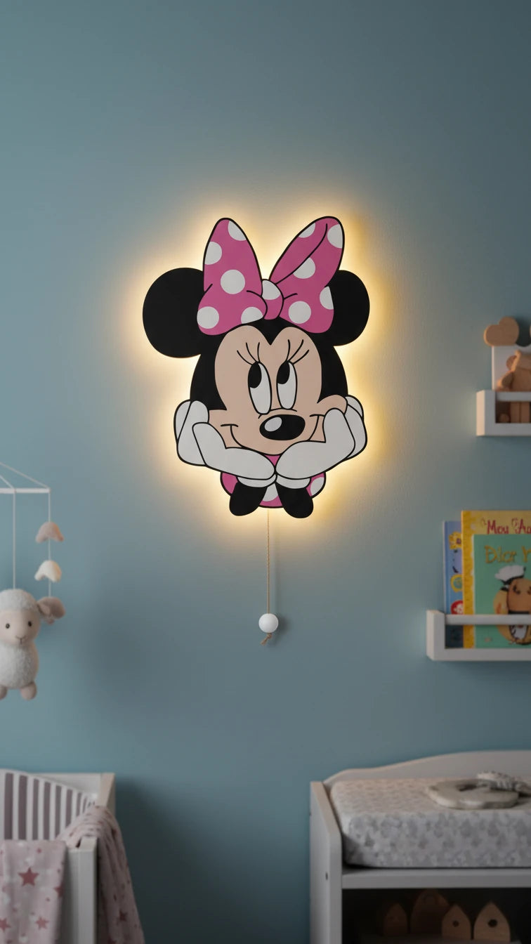 Minnie Mouse Pilli Led Işıklı Bebek Odası Ahşap Duvar Dekoru - Gece Lambası