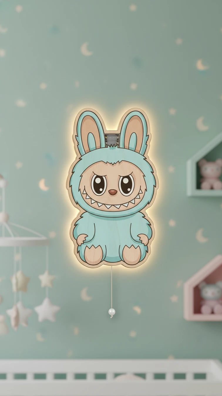 Labubu Pilli Led Işıklı 1 Adet Bebek Odası Ahşap Duvar Dekoru - Gece Lambası