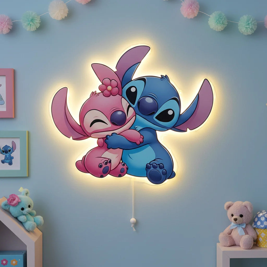 Lilo ve Stitch Pilli Led Işıklı Bebek Odası Ahşap Duvar Dekoru - Gece Lambası