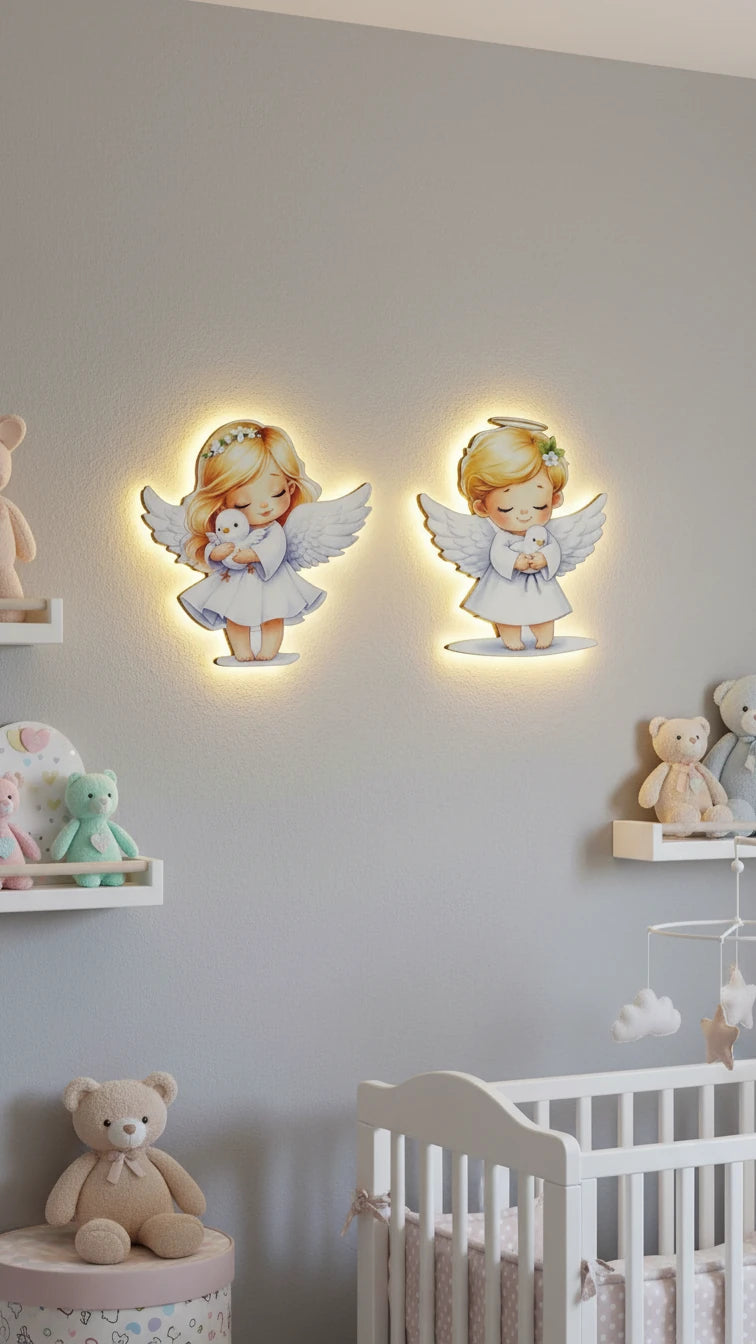 Melekler Pilli Led Işıklı Ahşap Duvar Dekoru