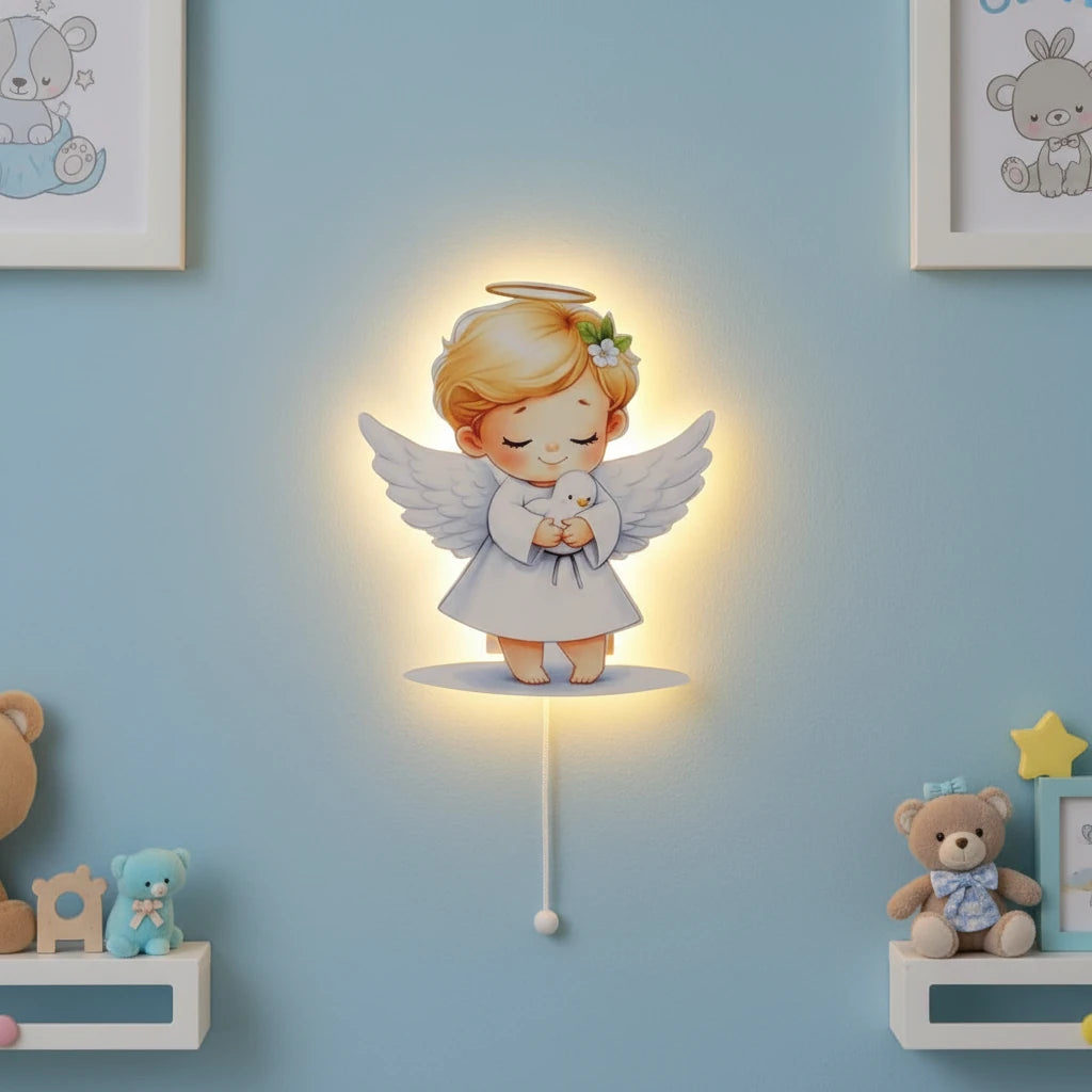 Erkek Melek Pilli Led Işıklı Ahşap Duvar Dekoru