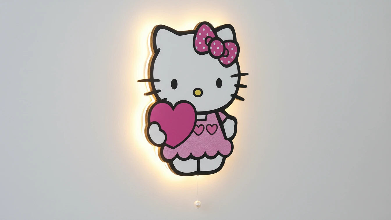 Hello Kitty Pilli Led Işıklı Bebek Odası Ahşap Duvar Dekoru - Gece Lambası