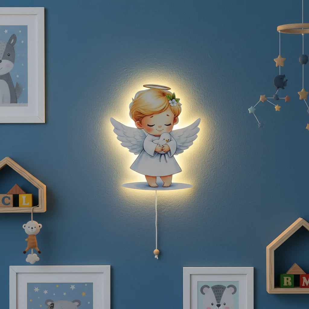 Erkek Melek Pilli Led Işıklı Ahşap Duvar Dekoru