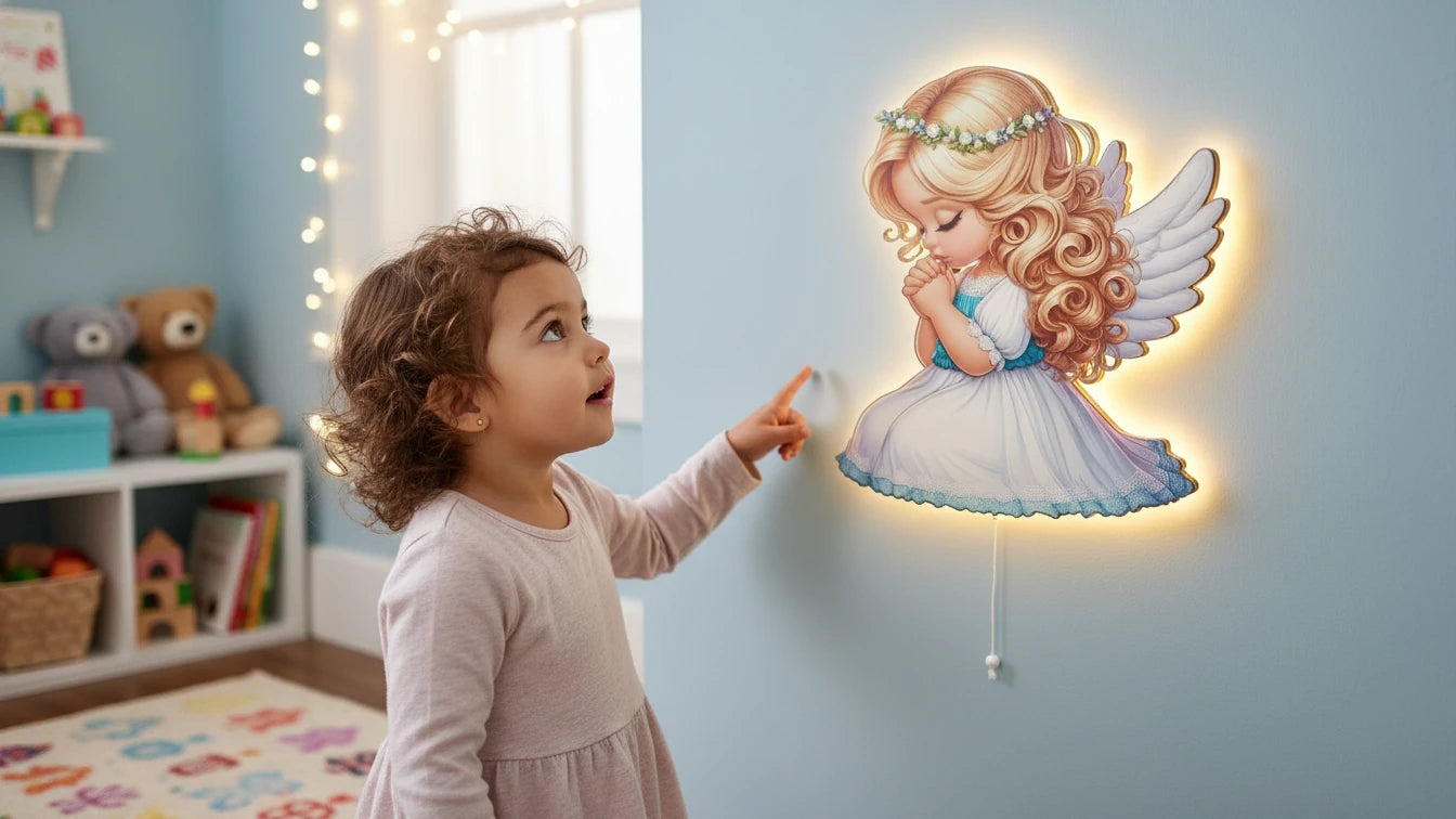Melek Pilli Led Işıklı Ahşap Duvar Dekoru
