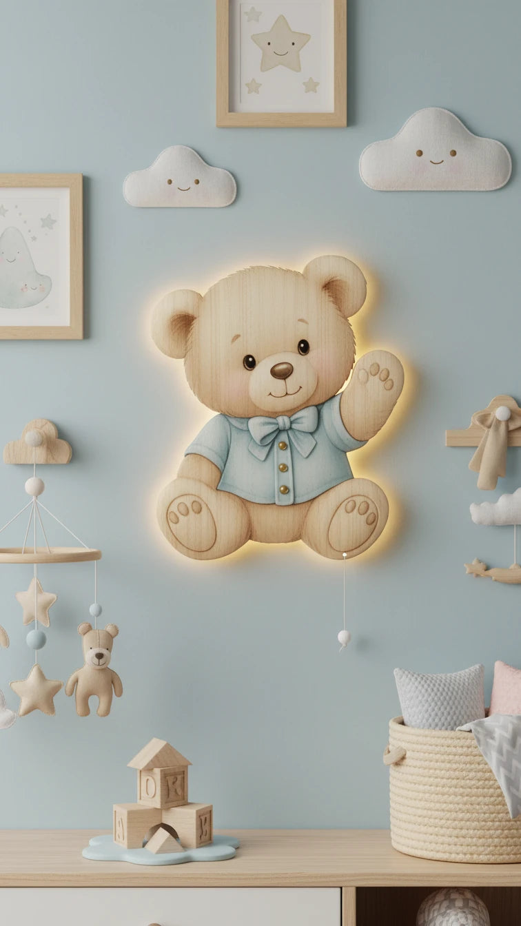 Ayıcık Tedy Bear Pilli Led Işıklı Bebek Odası Ahşap Duvar Dekoru - Gece Lambası