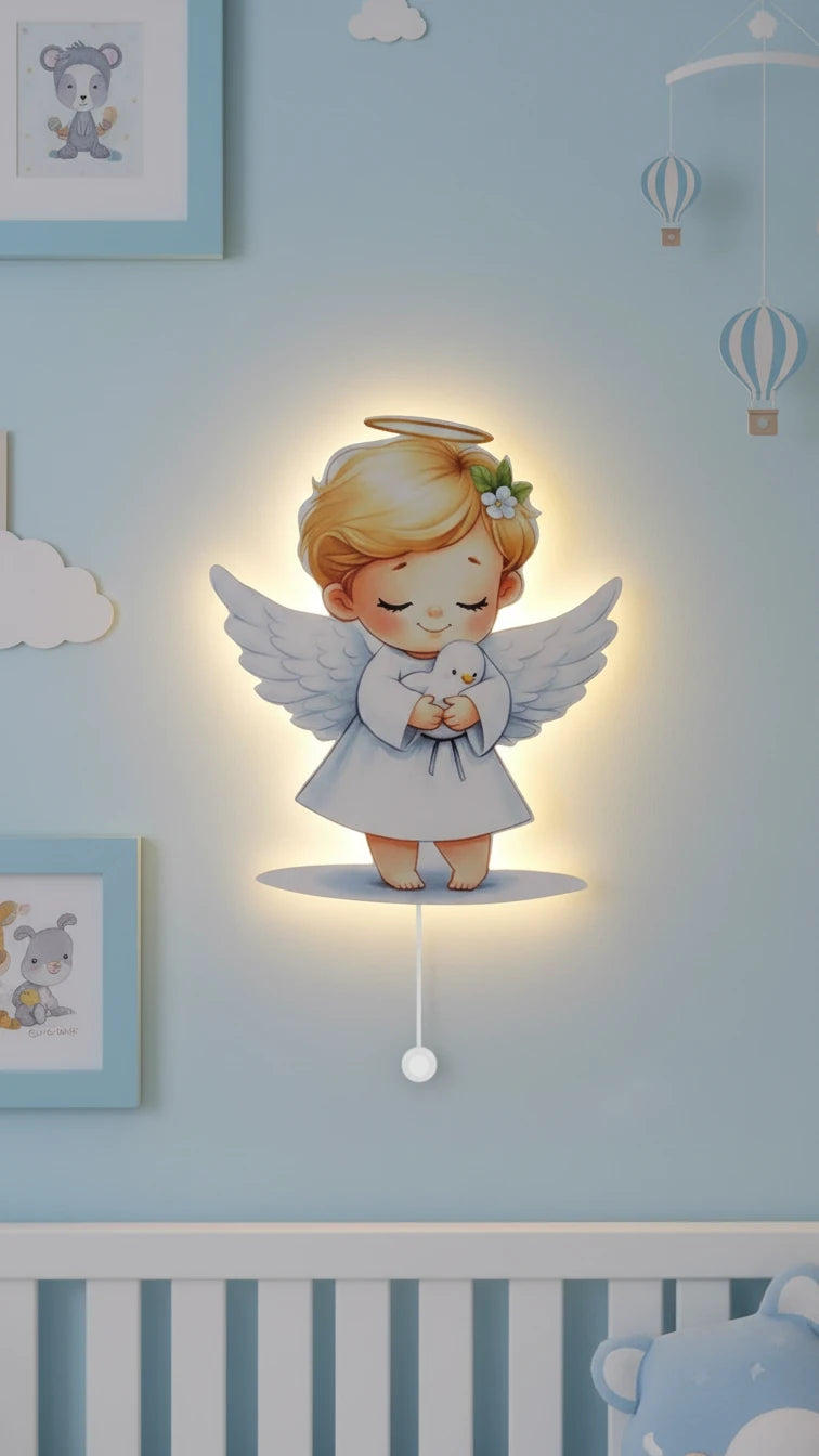 Erkek Melek Pilli Led Işıklı Ahşap Duvar Dekoru