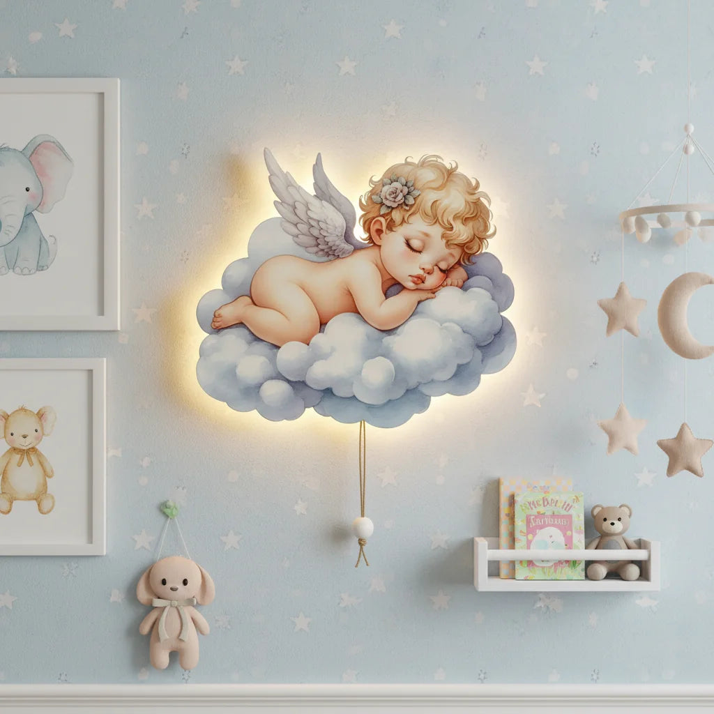 Bebek Melek Pilli Led Işıklı Ahşap Duvar Dekoru