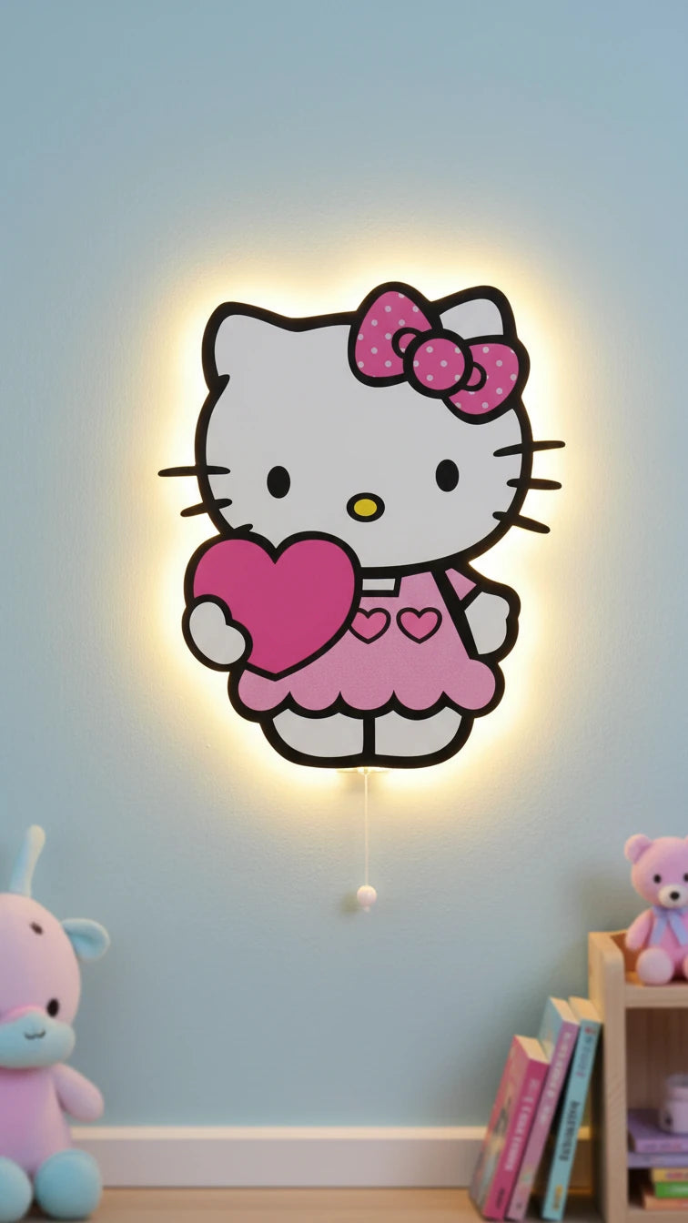 Hello Kitty Pilli Led Işıklı Bebek Odası Ahşap Duvar Dekoru - Gece Lambası