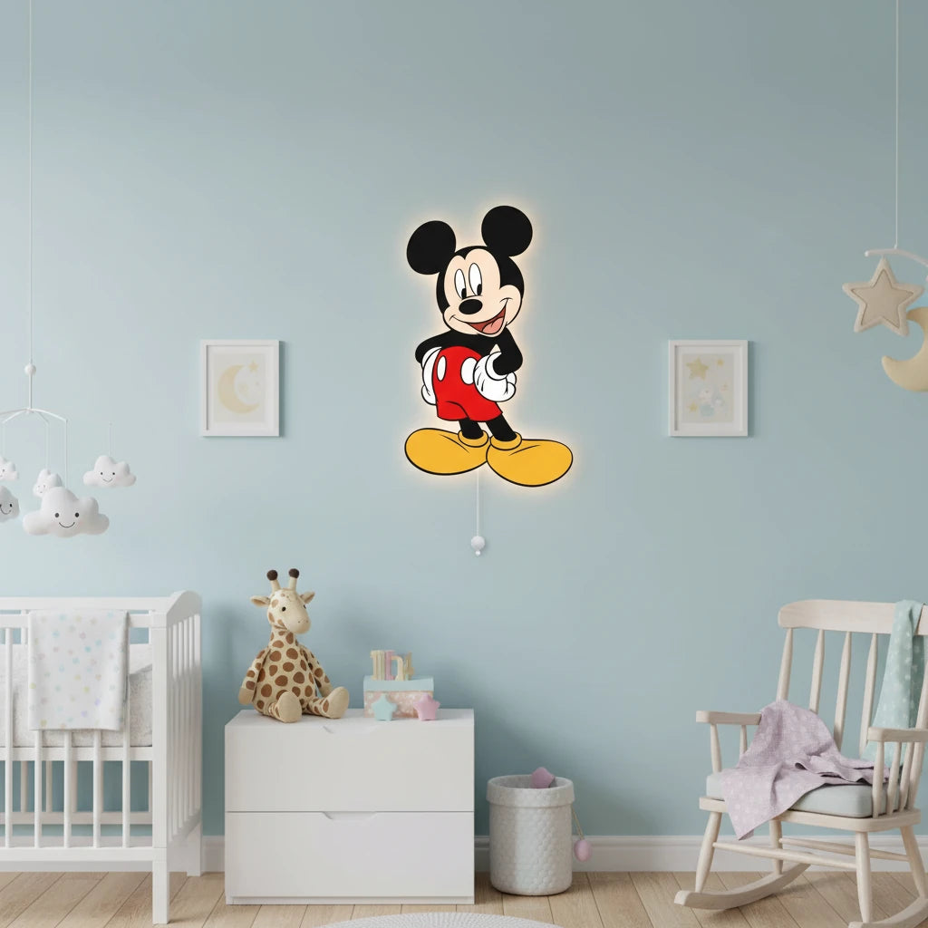 Mickey Mouse Pilli Led Işıklı Bebek Odası Ahşap Duvar Dekoru - Gece Lambası