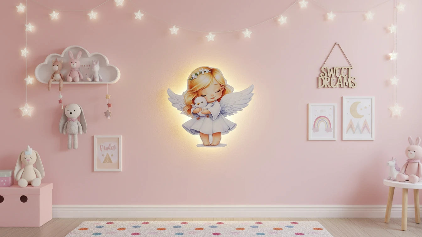 Melek Pilli Led Işıklı Ahşap Duvar Dekoru