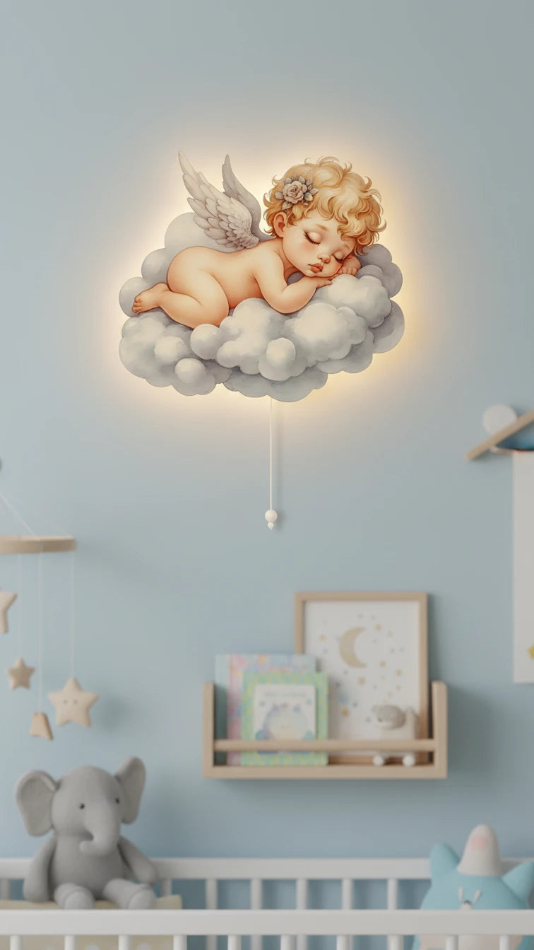 Bebek Melek Pilli Led Işıklı Ahşap Duvar Dekoru