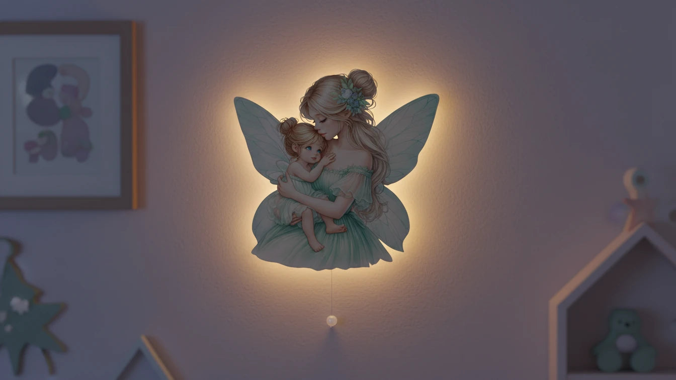Melek Anne Kız Pilli Led Işıklı Ahşap Duvar Dekoru
