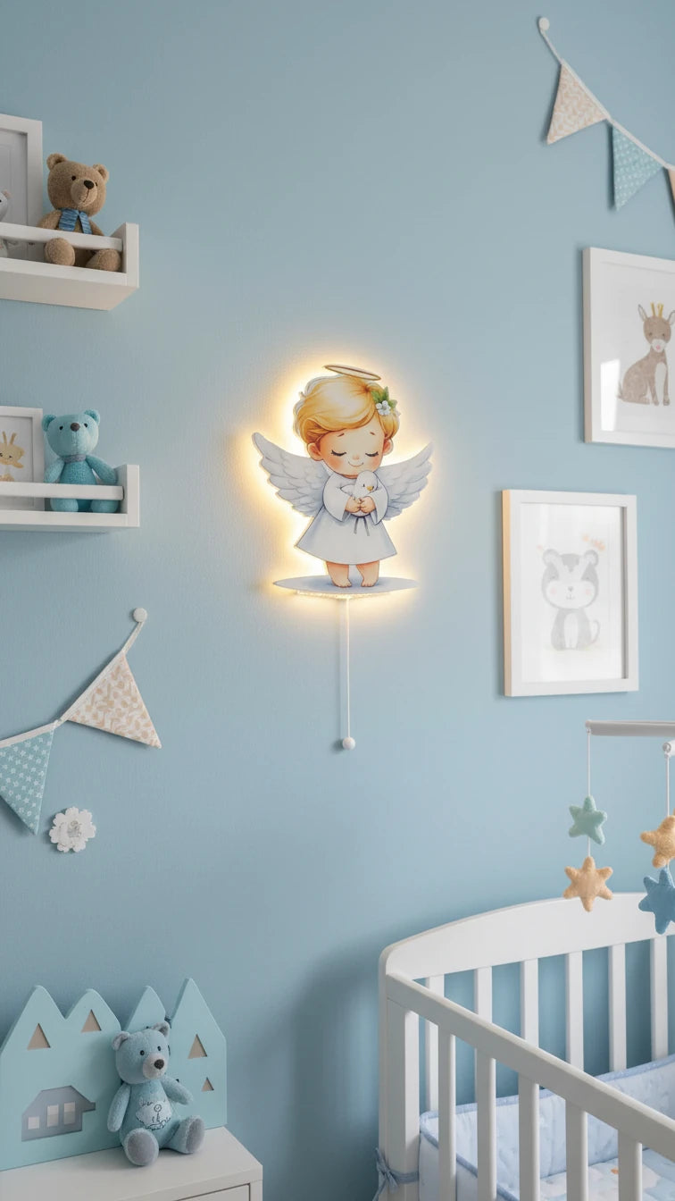 Erkek Melek Pilli Led Işıklı Ahşap Duvar Dekoru