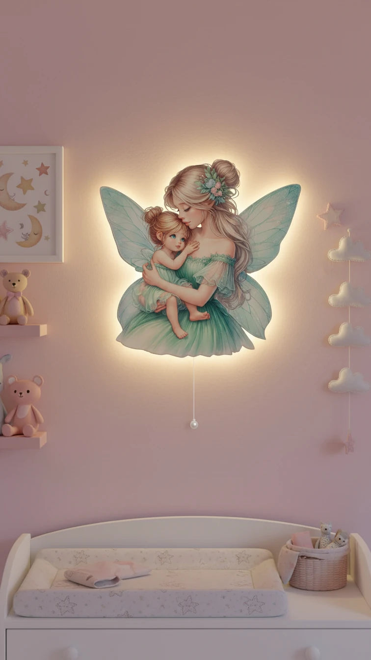Melek Anne Kız Pilli Led Işıklı Ahşap Duvar Dekoru