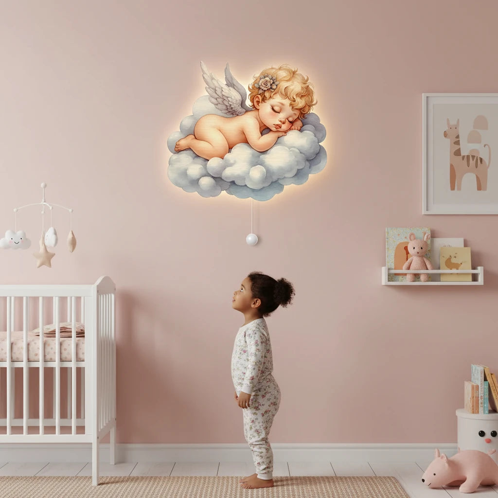 Bebek Melek Pilli Led Işıklı Ahşap Duvar Dekoru