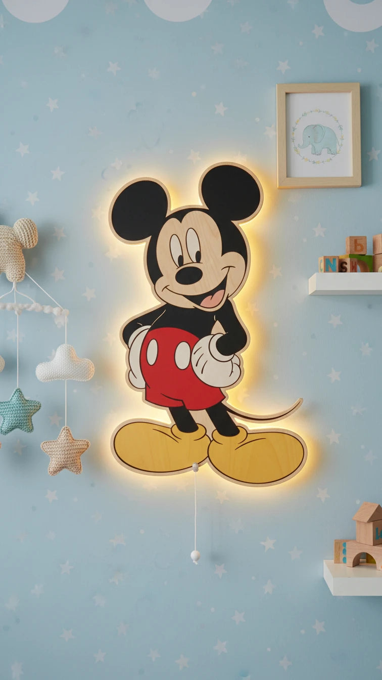 Mickey Mouse Pilli Led Işıklı Bebek Odası Ahşap Duvar Dekoru - Gece Lambası