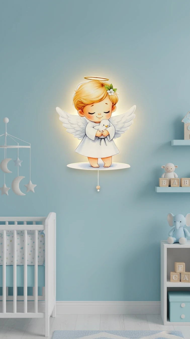 Erkek Melek Pilli Led Işıklı Ahşap Duvar Dekoru