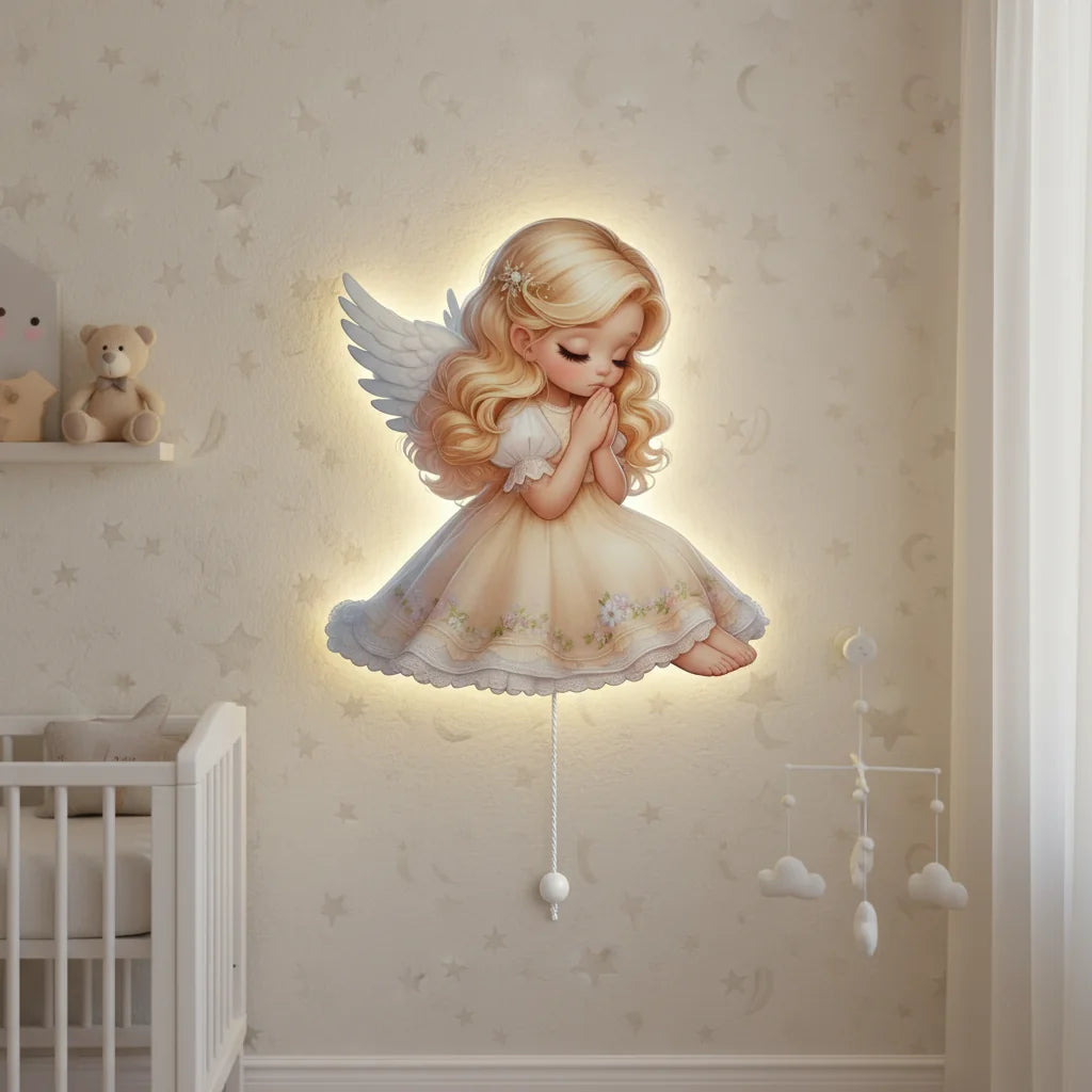 Melek Pilli Led Işıklı Ahşap Duvar Dekoru